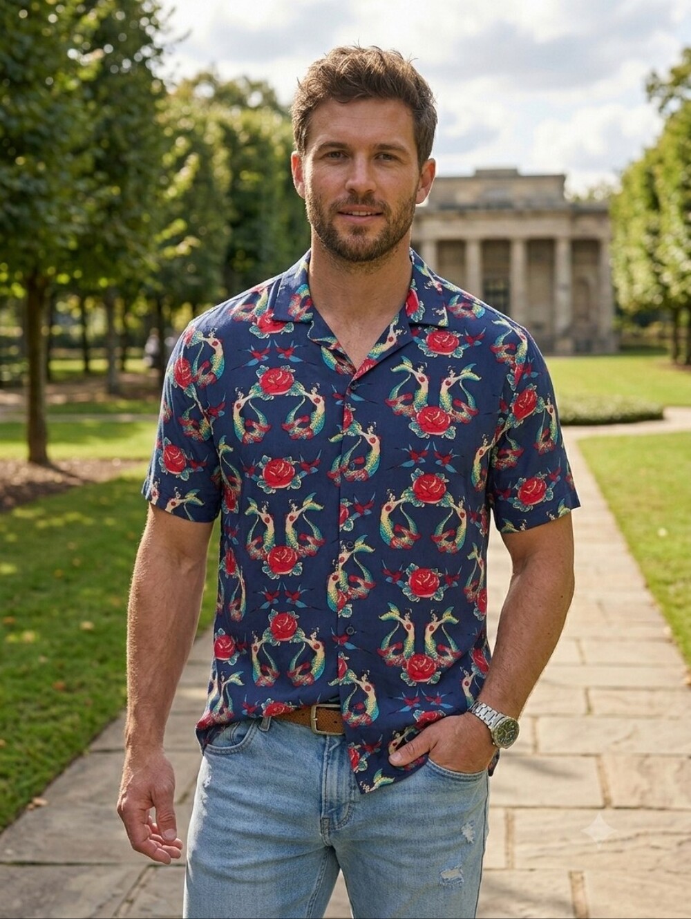 Thread Ware "Hey There Sailor" Men’s M Navy Tattoo Mermaid Pin-Up Button-Up